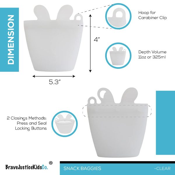 BraveJusticeKidsCo. | Snack Baggie Silicone Reusable Food Storage Container for Toddlers (Clear)