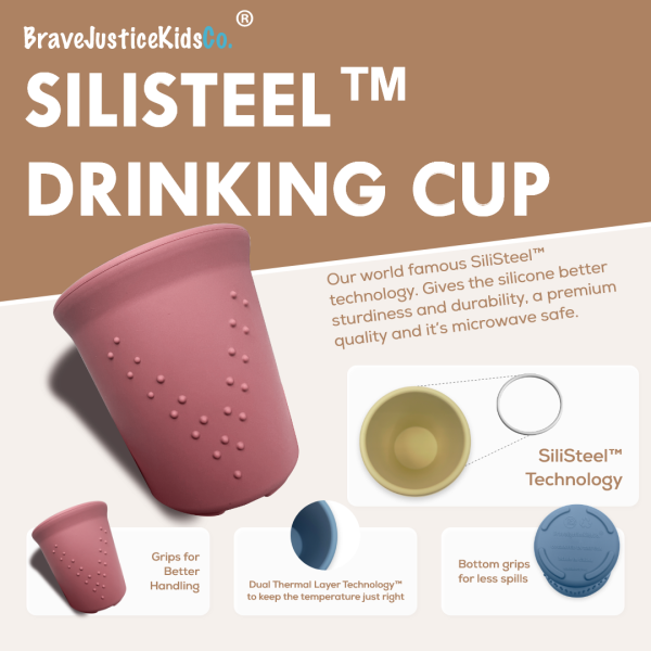 BraveJusticeKidsCo. | SiliSteel Drinking Cups | Kids and Toddler Silicone + Steel Dinnerware Cups (2 pack)